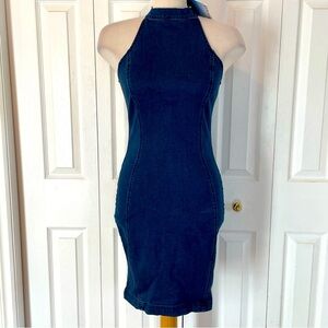 NWT Blue Faith Elegant Blue Stretch Denim Halter Dress  size Large fits Medium